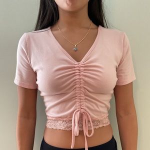 Ruched lace pink top
